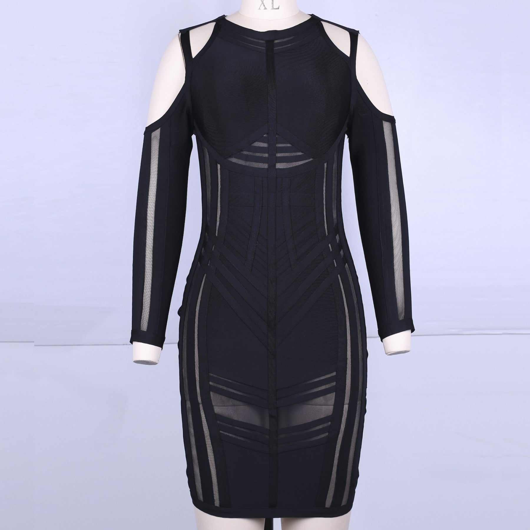 Strappy Long Sleeve Sidestripe Over Knee Bandage Dress HK012