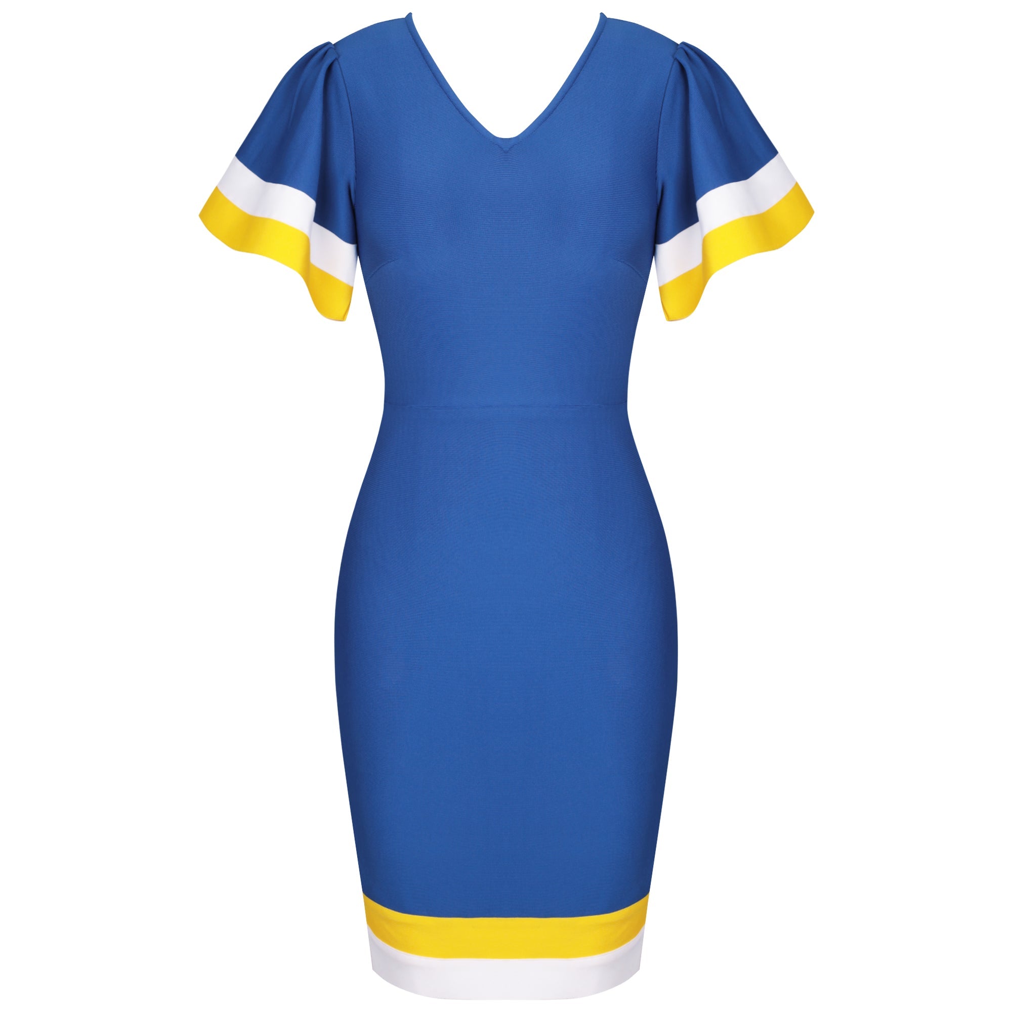 Blue V Neck Short Sleeve Frill Over Knee Bandage Dress PP091911