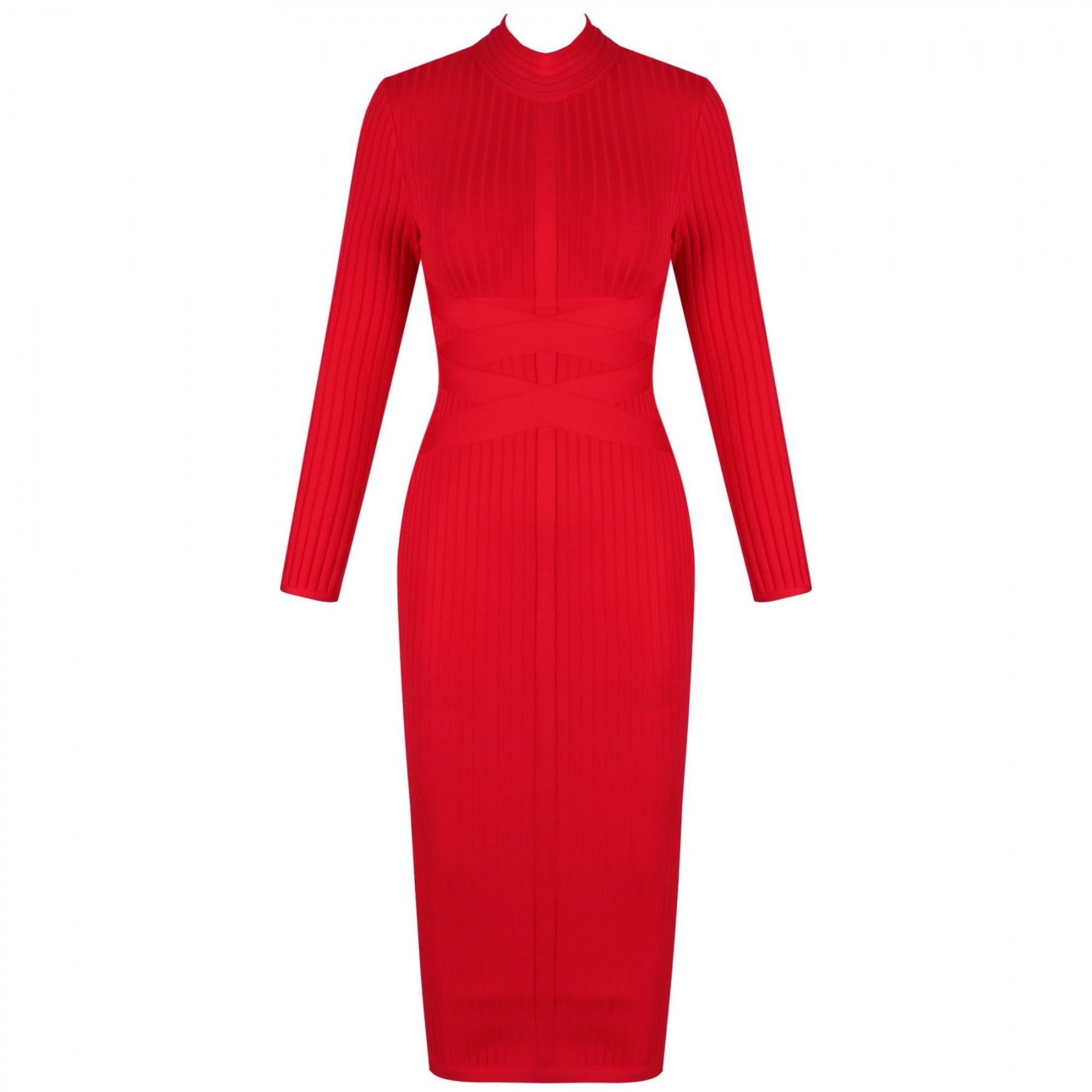 Round Neck Long Sleeve Striped Over Knee Bandage Dress PF1201