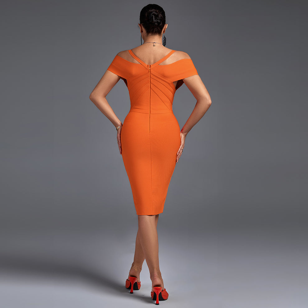 V Neck Mid Sleeve Striped Over Knee Bandage Dress PF19089