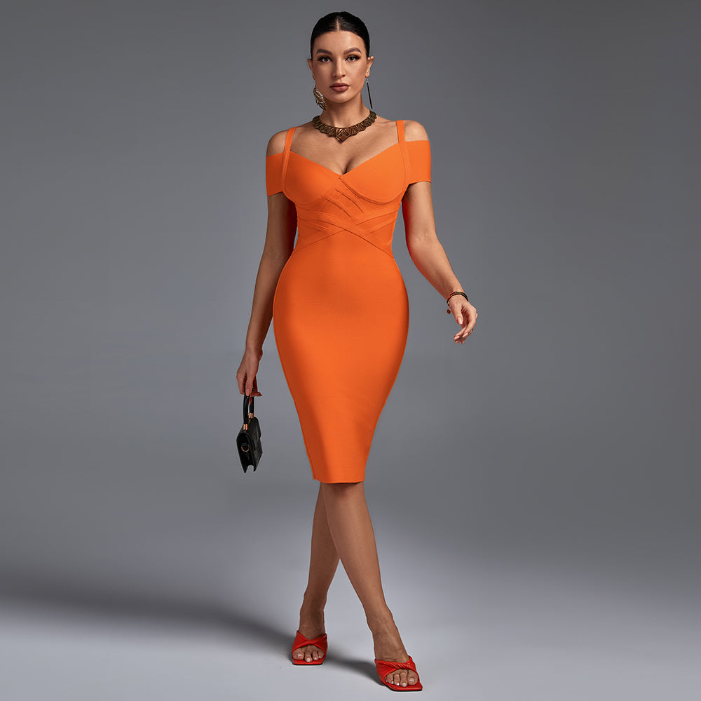 V Neck Mid Sleeve Striped Over Knee Bandage Dress PF19089