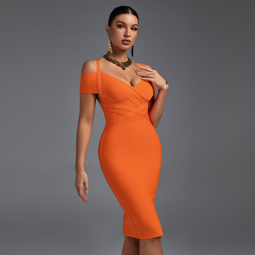 V Neck Mid Sleeve Striped Over Knee Bandage Dress PF19089