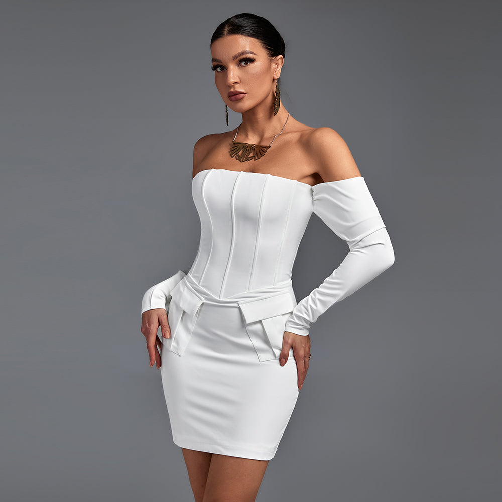 Off Shoulder Long Sleeve Striped Mini Bandage Dress FP21426