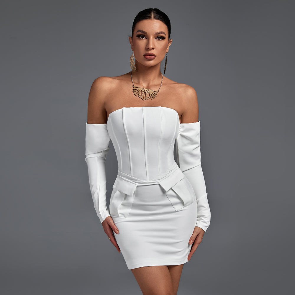 Off Shoulder Long Sleeve Striped Mini Bandage Dress FP21426