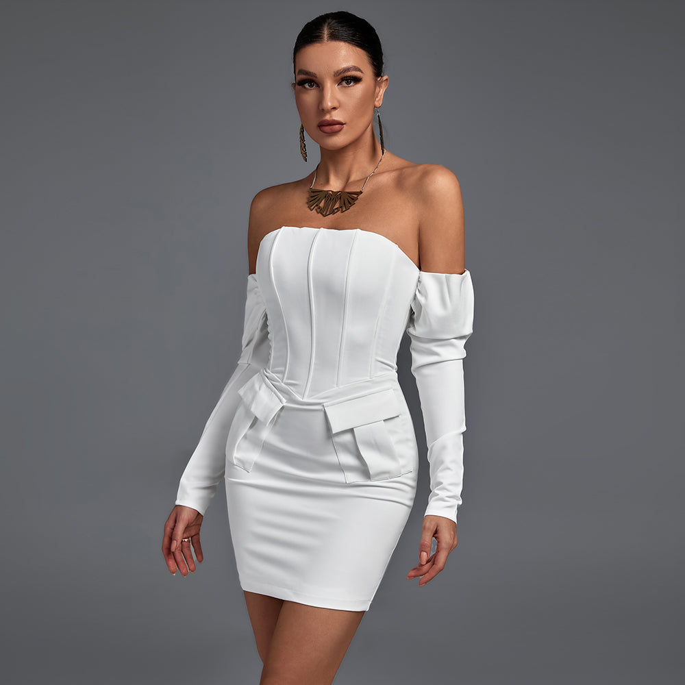 Off Shoulder Long Sleeve Striped Mini Bandage Dress FP21426