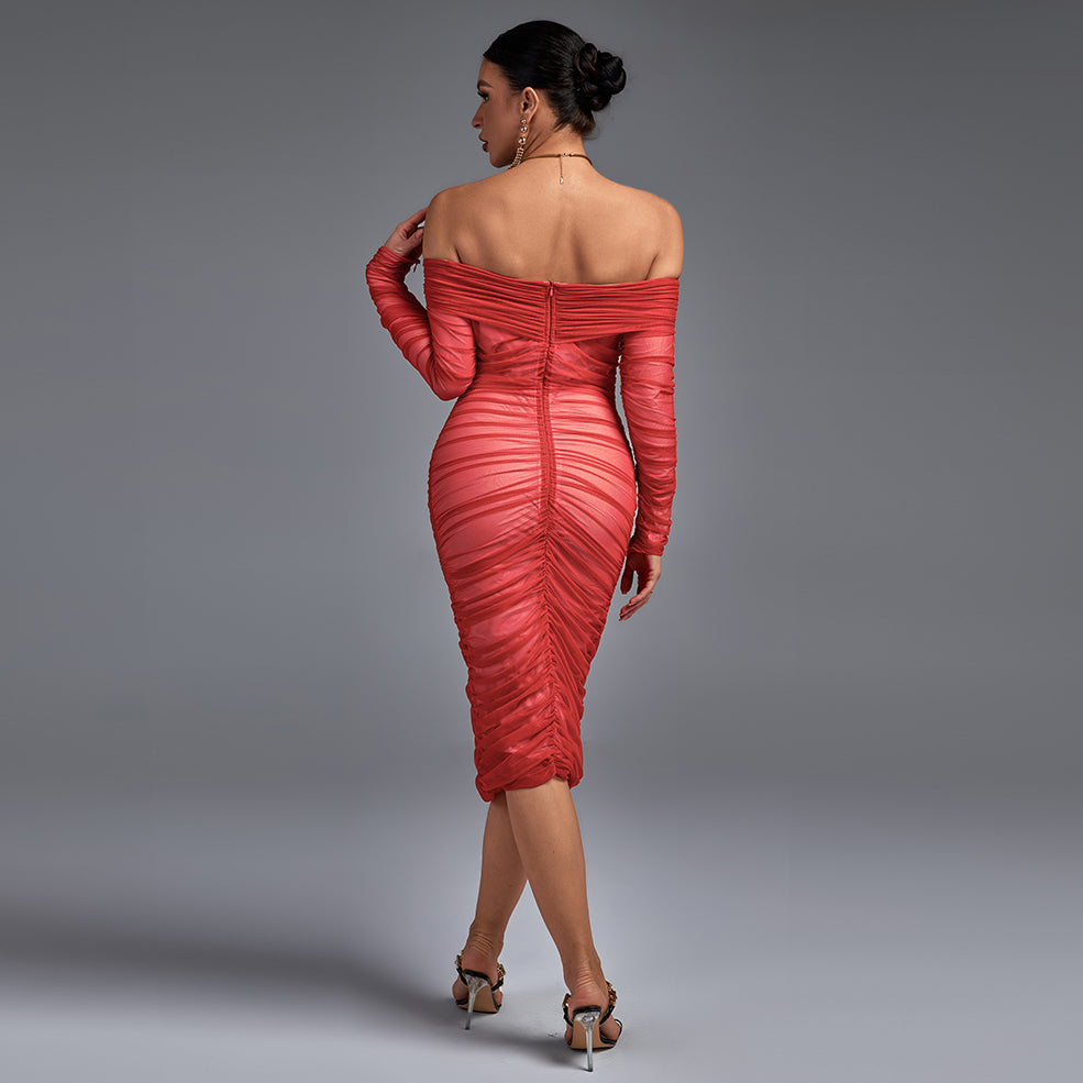 Off Shoulder Long Sleeve Ruched Mini Bodycon Dress FSP19054