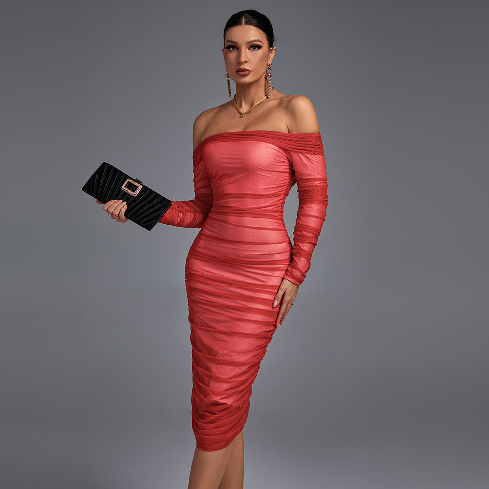 Off Shoulder Long Sleeve Ruched Mini Bodycon Dress FSP19054