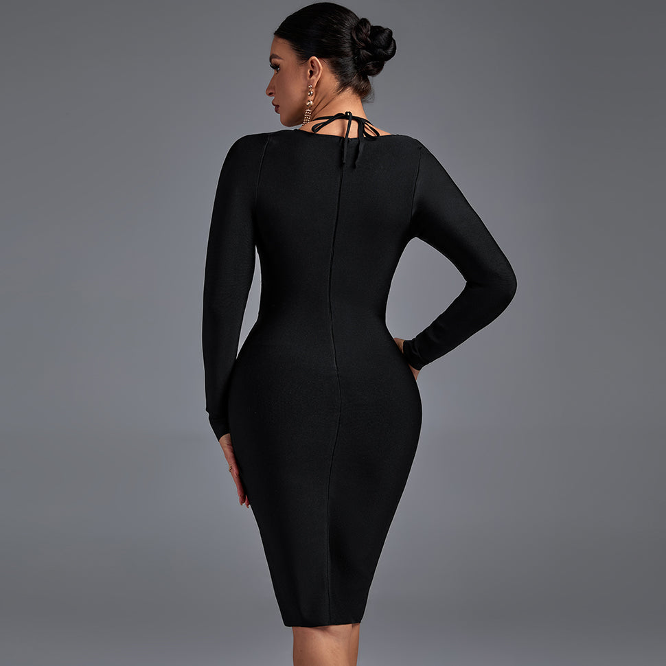 Black Halter Long Sleeve Hollow out Midi Bandage Dress PP21832