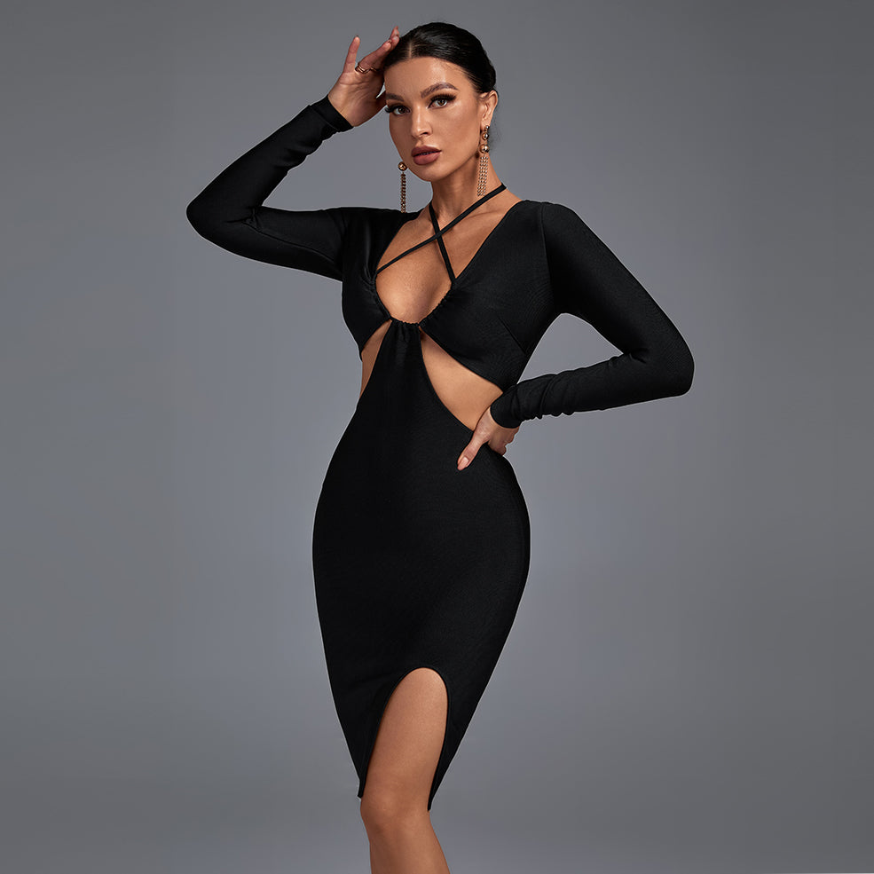 Black Halter Long Sleeve Hollow out Midi Bandage Dress PP21832