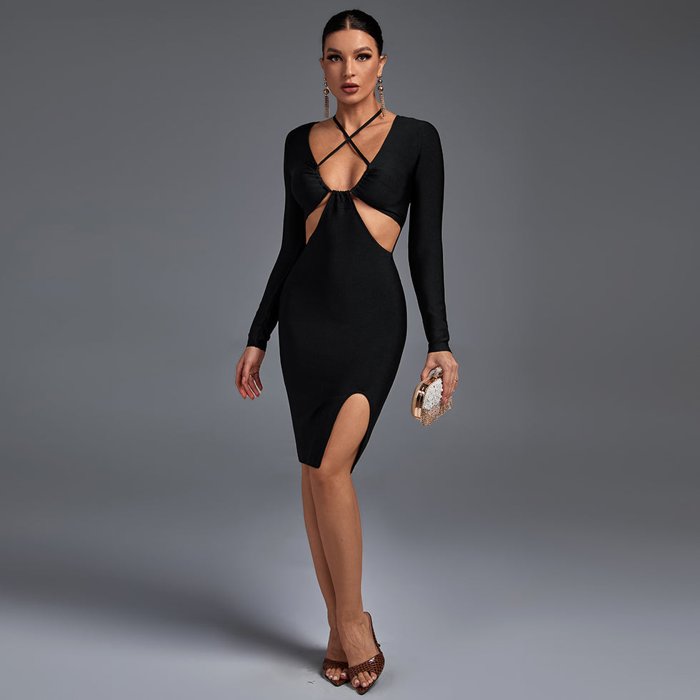 Black Halter Long Sleeve Hollow out Midi Bandage Dress PP21832