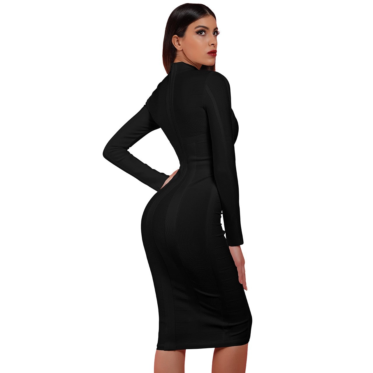 High Neck Long Sleeve Cut Out Over Knee Bandage Dress PP1103