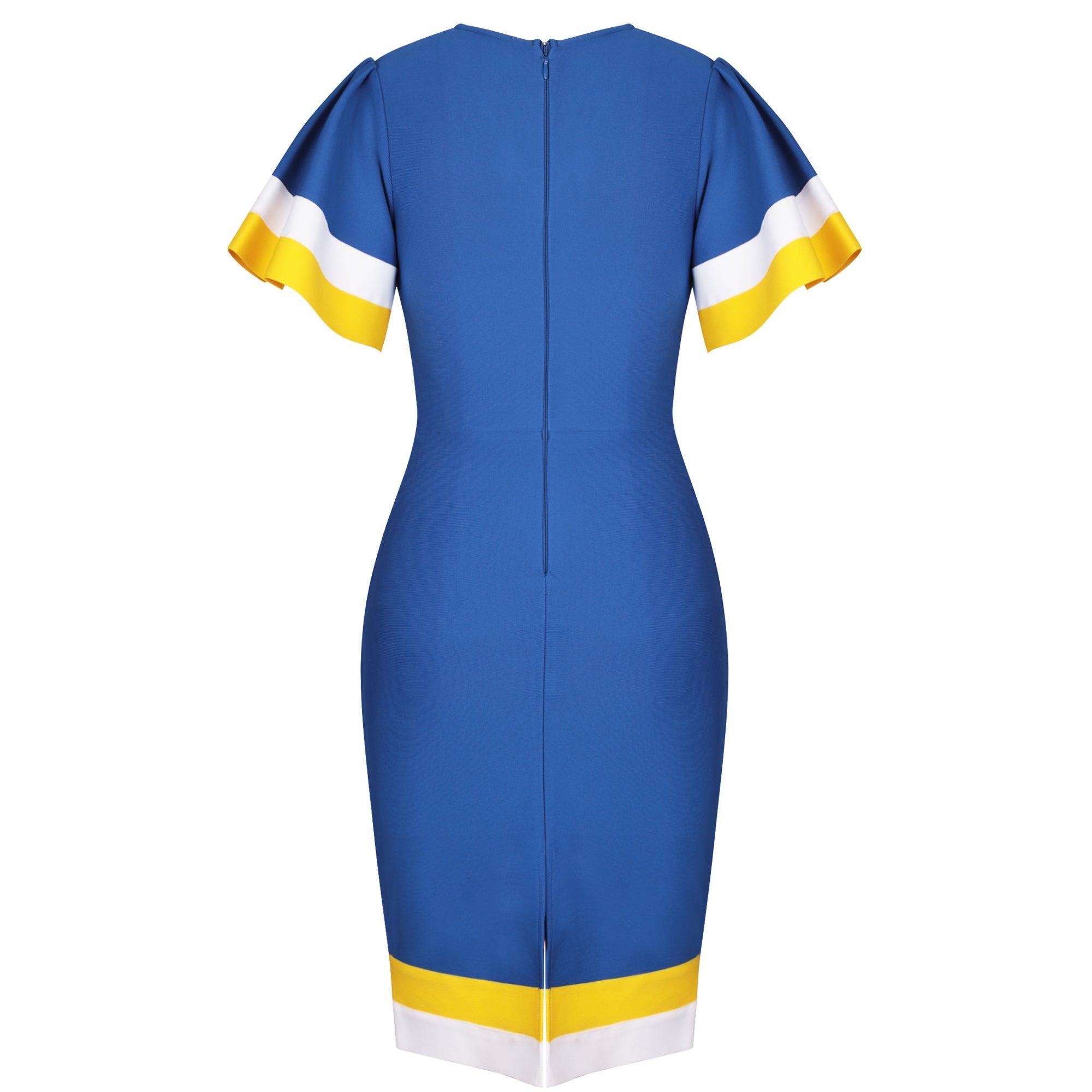 Blue V Neck Short Sleeve Frill Over Knee Bandage Dress PP091911