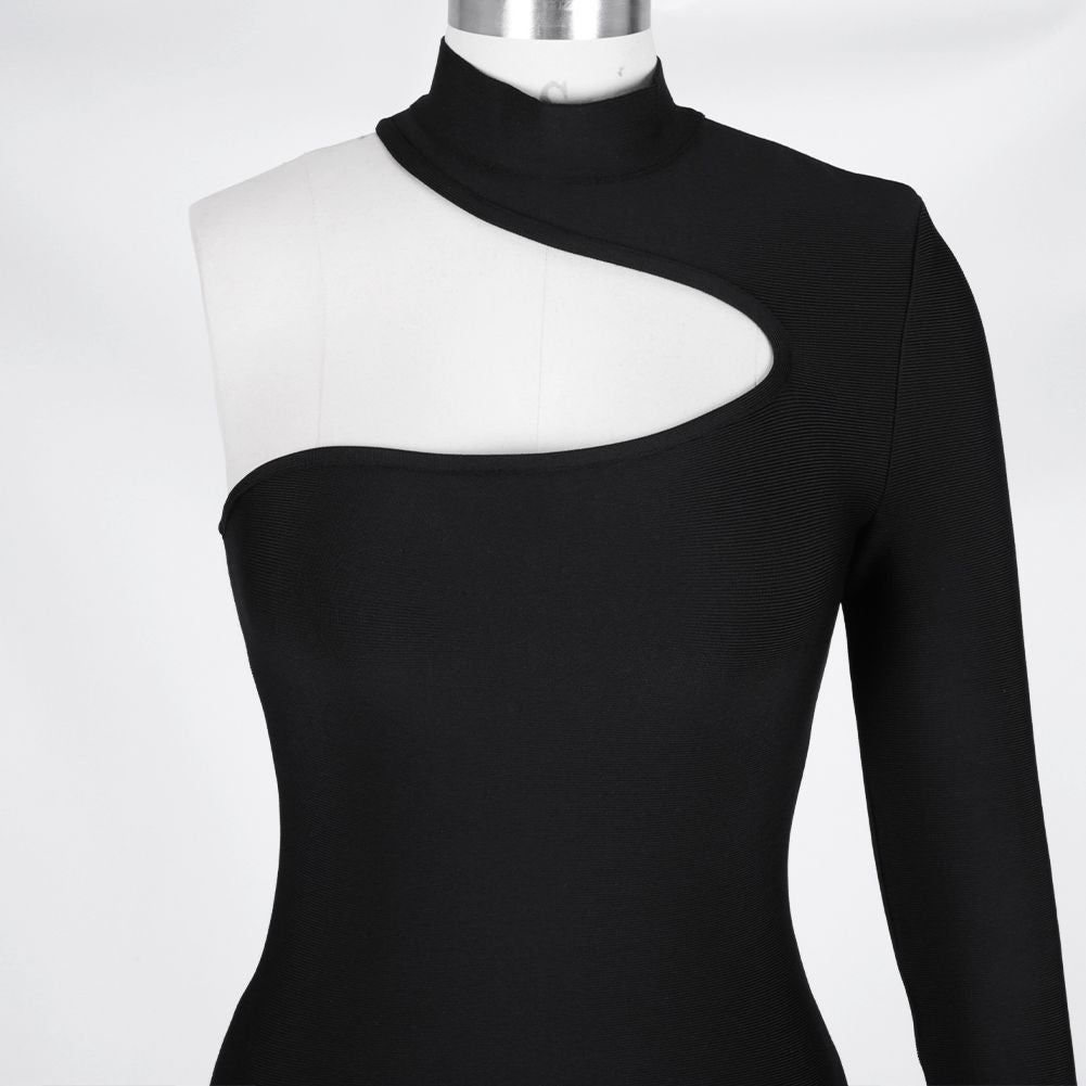 High Neck Long Sleeve Asymmetrical Mini Bandage Dress PZ19187