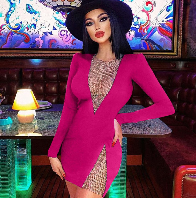 V-neck Long Sleeve Rhinestone Mini Bandage Dress HL8411