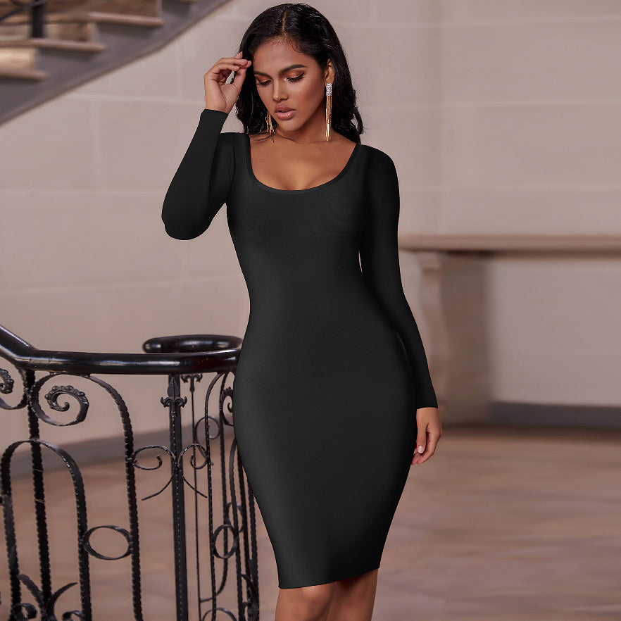 Square Collar Long Sleeve Plain Midi Bandage Dress PP21527