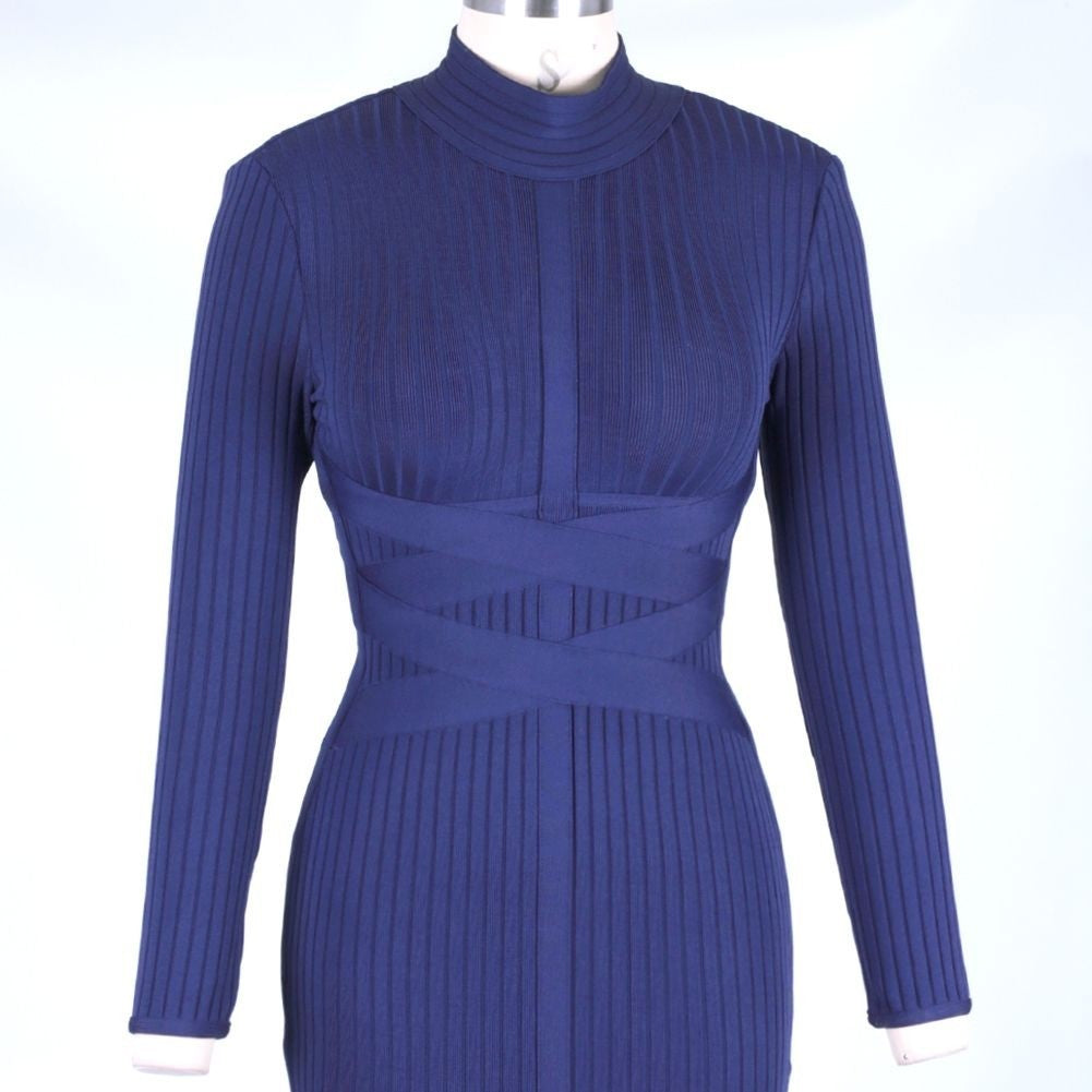 Round Neck Long Sleeve Striped Over Knee Bandage Dress PF1201