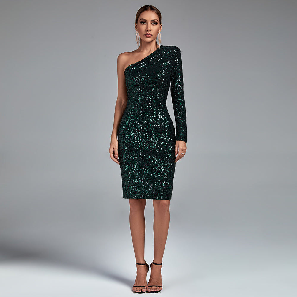 One Shoulder Sequins Asymmetrical Over Knee Sexy Dress HL8394