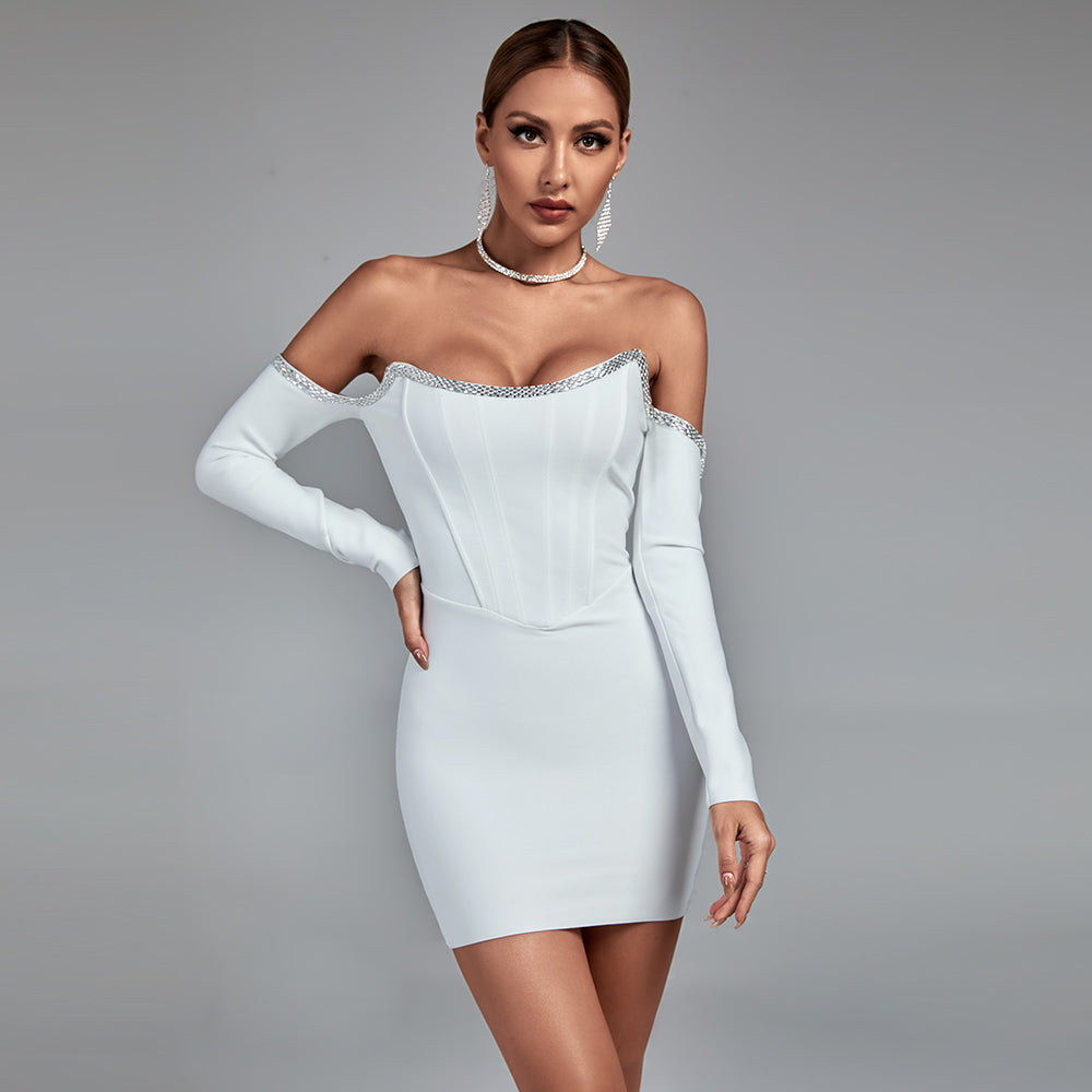 Off Shoulder Long Sleeve Drill Chain Mini Bandage Dress PP20017