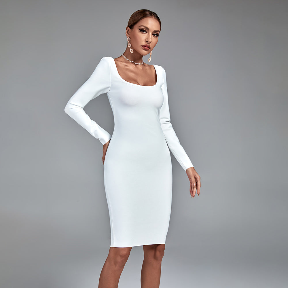 Square Collar Long Sleeve Plain Midi Bandage Dress PP21527