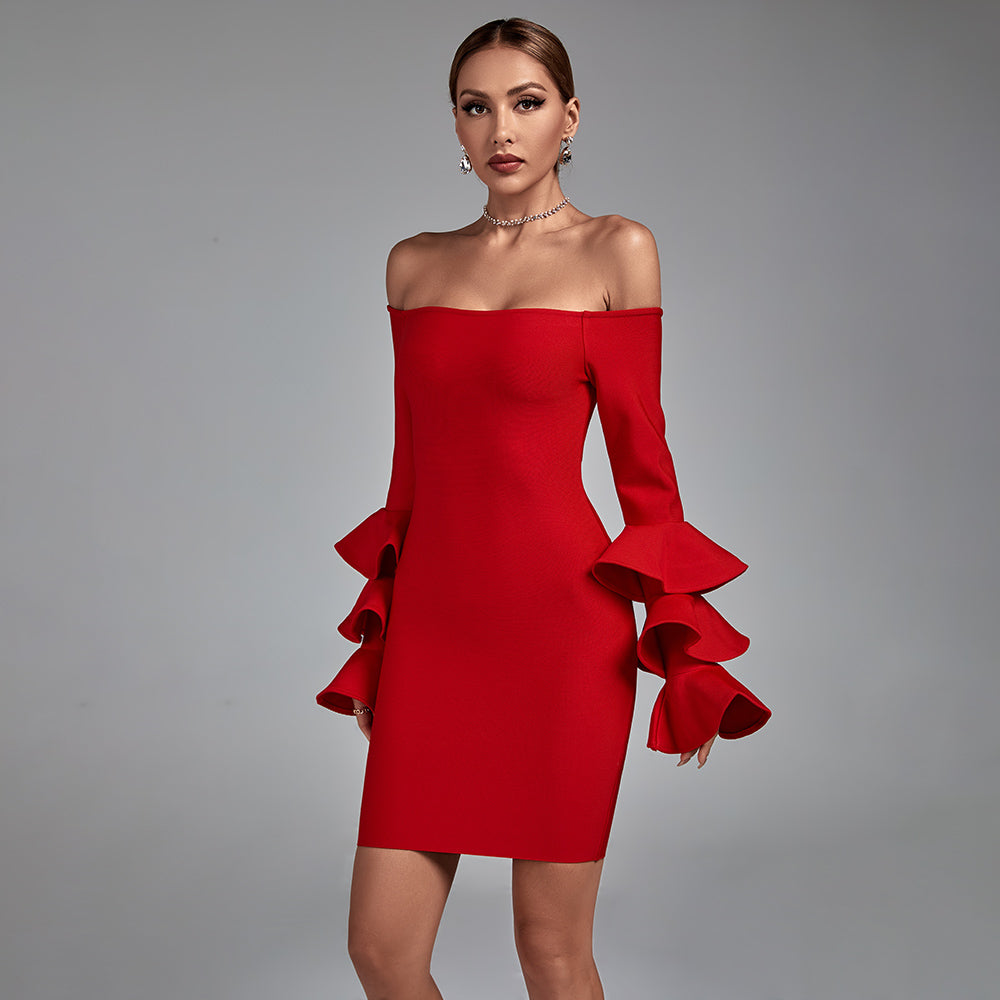 Off Shoulder Long Sleeve Frill Mini Bandage Dress PZL2814