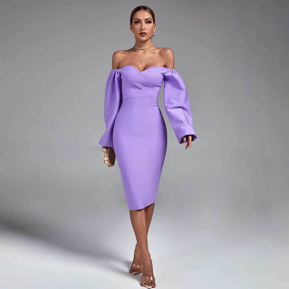 Purple Off Shoulder Long Sleeve Backless Midi Bandage Dress PP21814