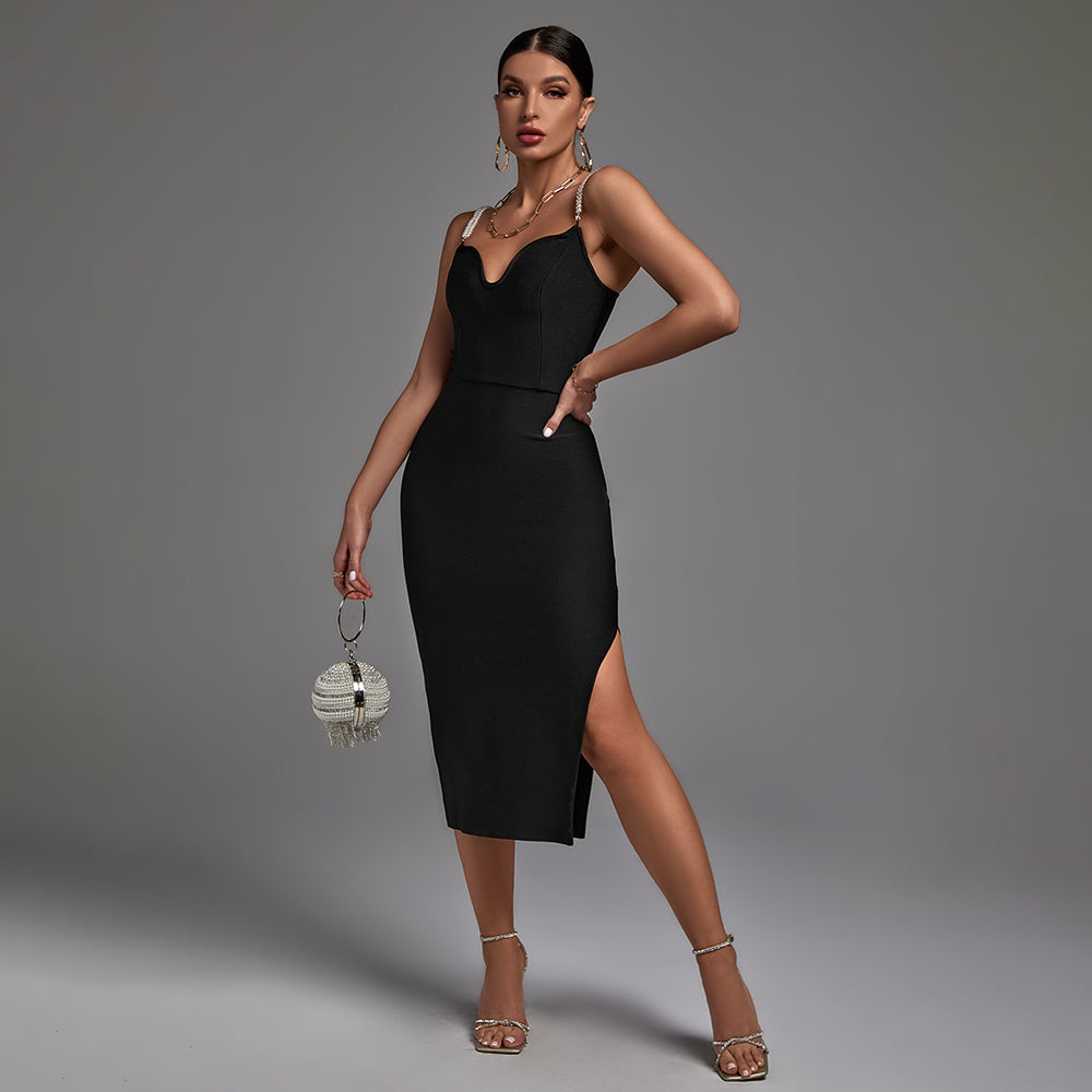 Black Strappy Sleeveless Bubble Beads Midi Bandage Dress PF21121606