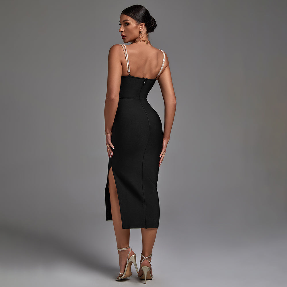 Black Strappy Sleeveless Bubble Beads Midi Bandage Dress PF21121606