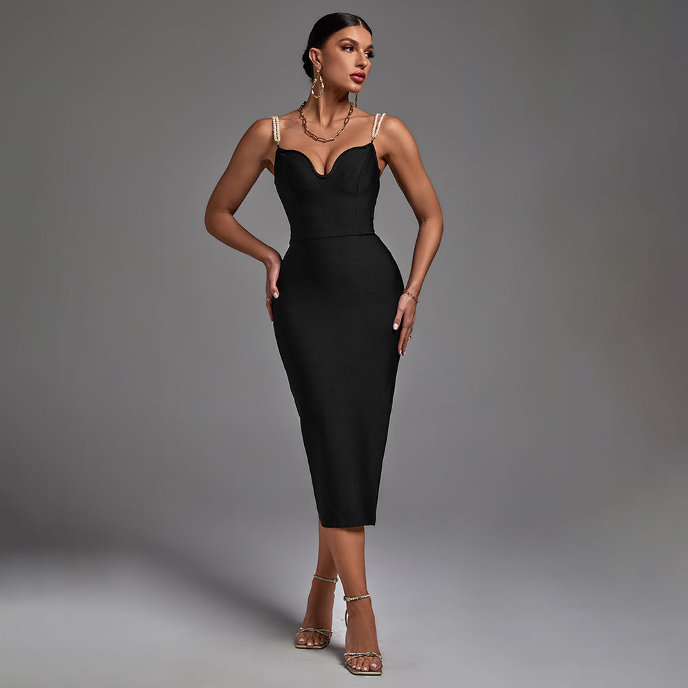 Black Strappy Sleeveless Bubble Beads Midi Bandage Dress PF21121606