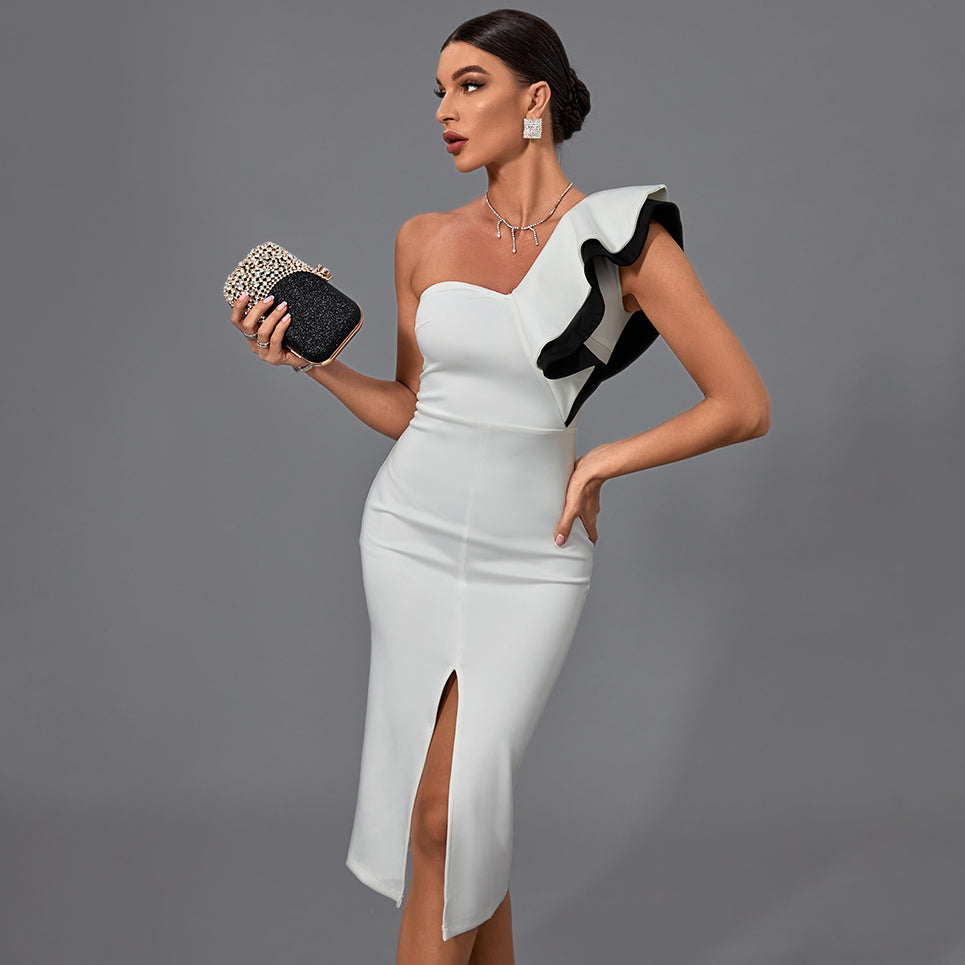 One Shoulder Sleeveless Frill Midi Bodycon Dress FF19410