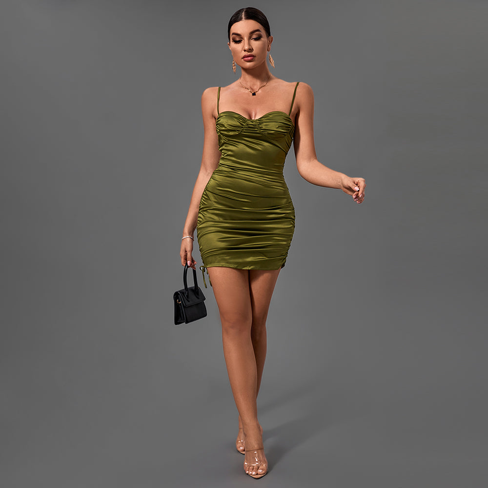 Green Strappy Sleeveless Wrinkled Mini Bodycon Dress FP21431