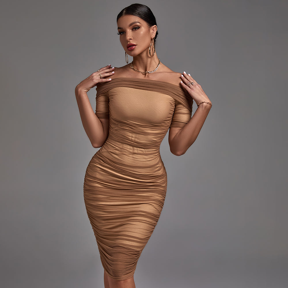 Off Shoulder Short Sleeve Ruched Midi Bodycon Dress FSP19055