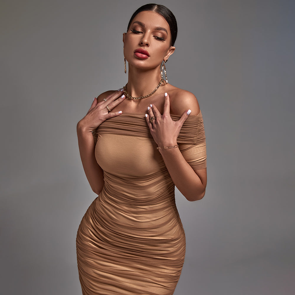 Off Shoulder Short Sleeve Ruched Midi Bodycon Dress FSP19055