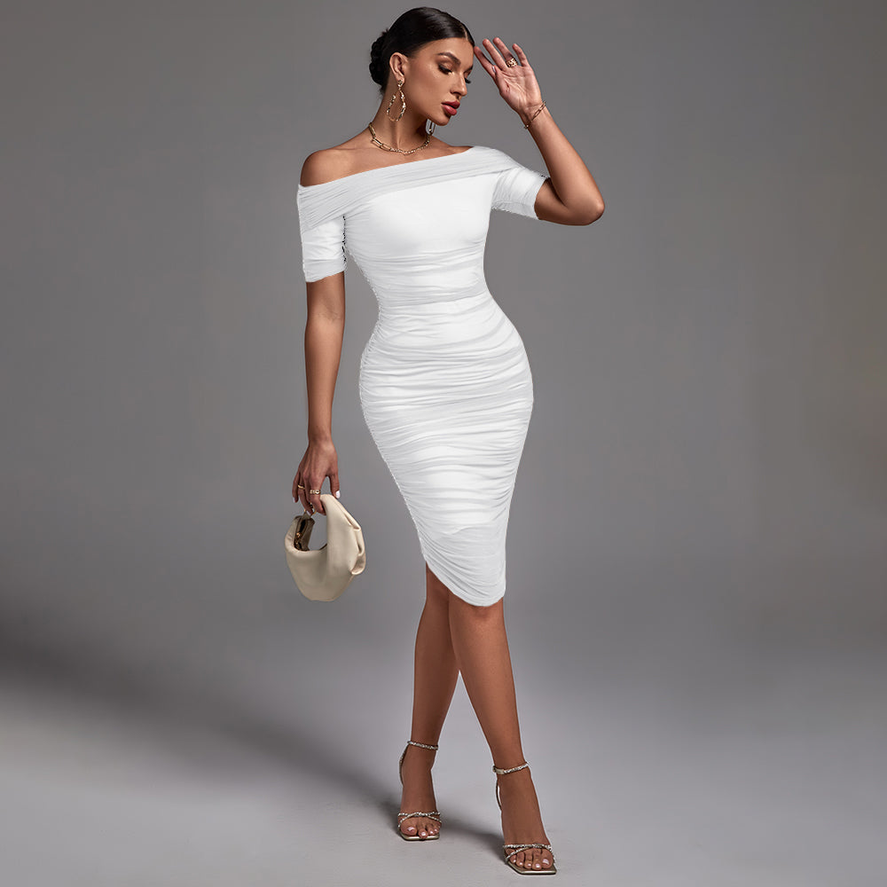 Off Shoulder Short Sleeve Ruched Midi Bodycon Dress FSP19055