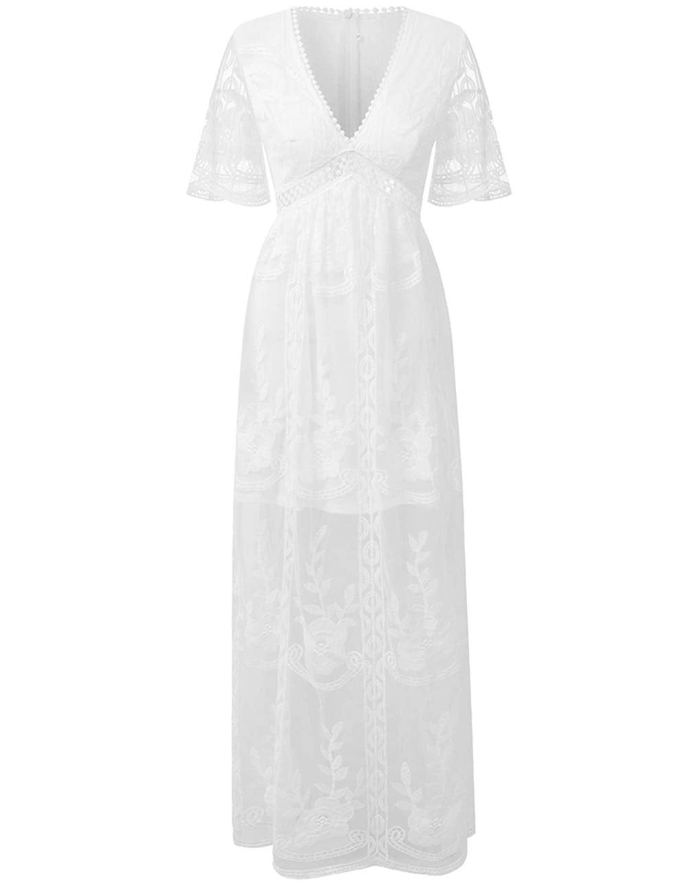 Deep V Neck Short Sleeve Floral Lace Bridesmaid Maxi Dress G4870