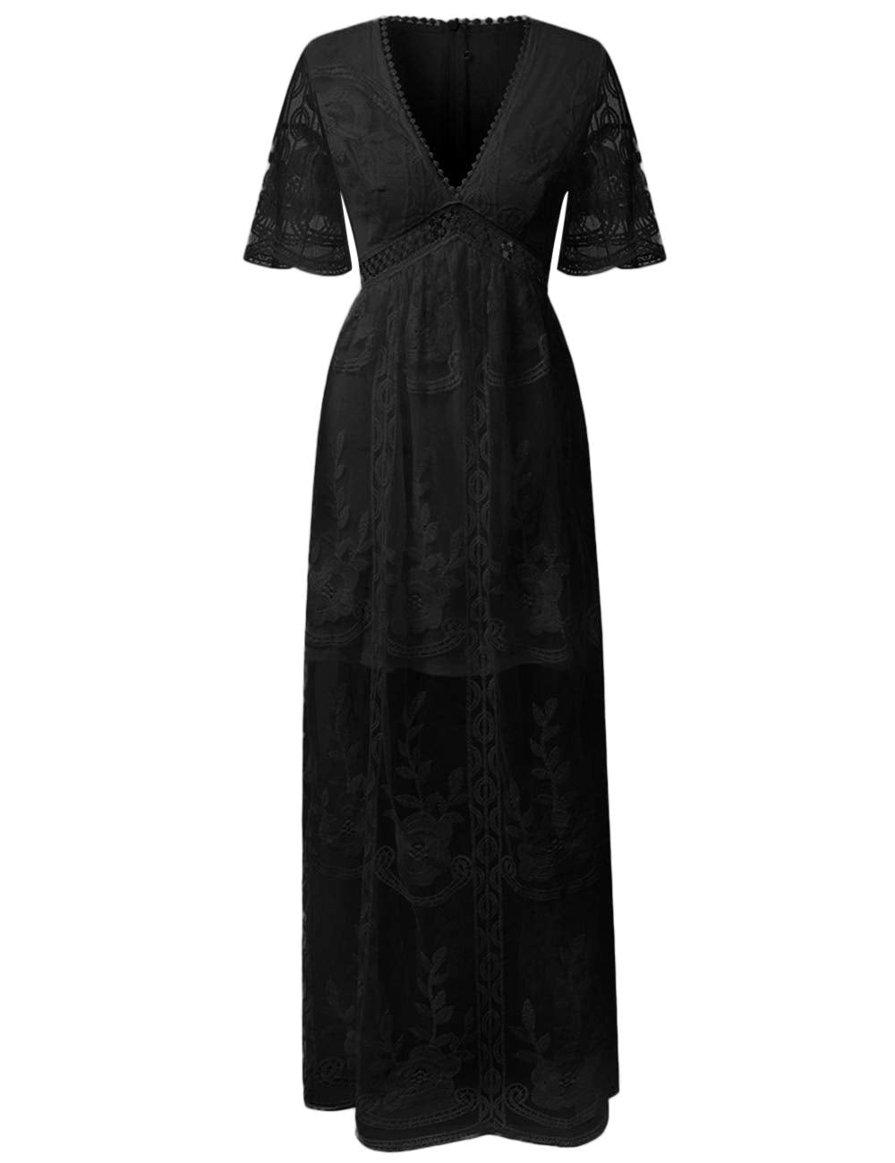 Deep V Neck Short Sleeve Floral Lace Bridesmaid Maxi Dress G4870