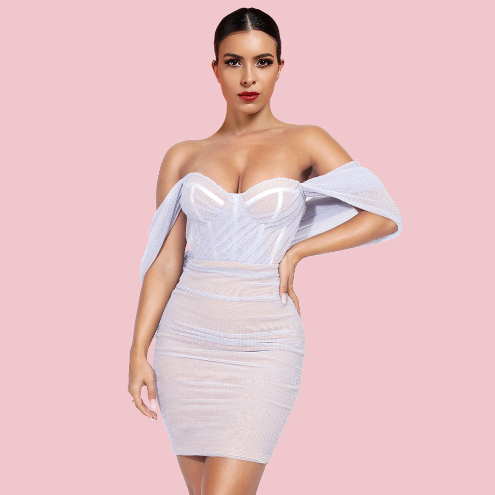 Off Shoulder Short Sleeve Tulle Mini Bodycon Dress H01215