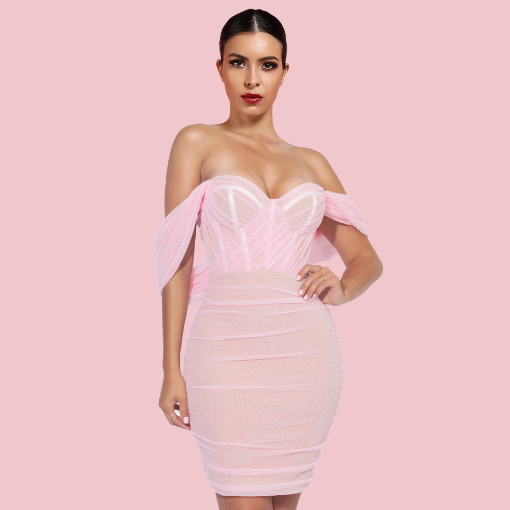 Off Shoulder Short Sleeve Tulle Mini Bodycon Dress H01215