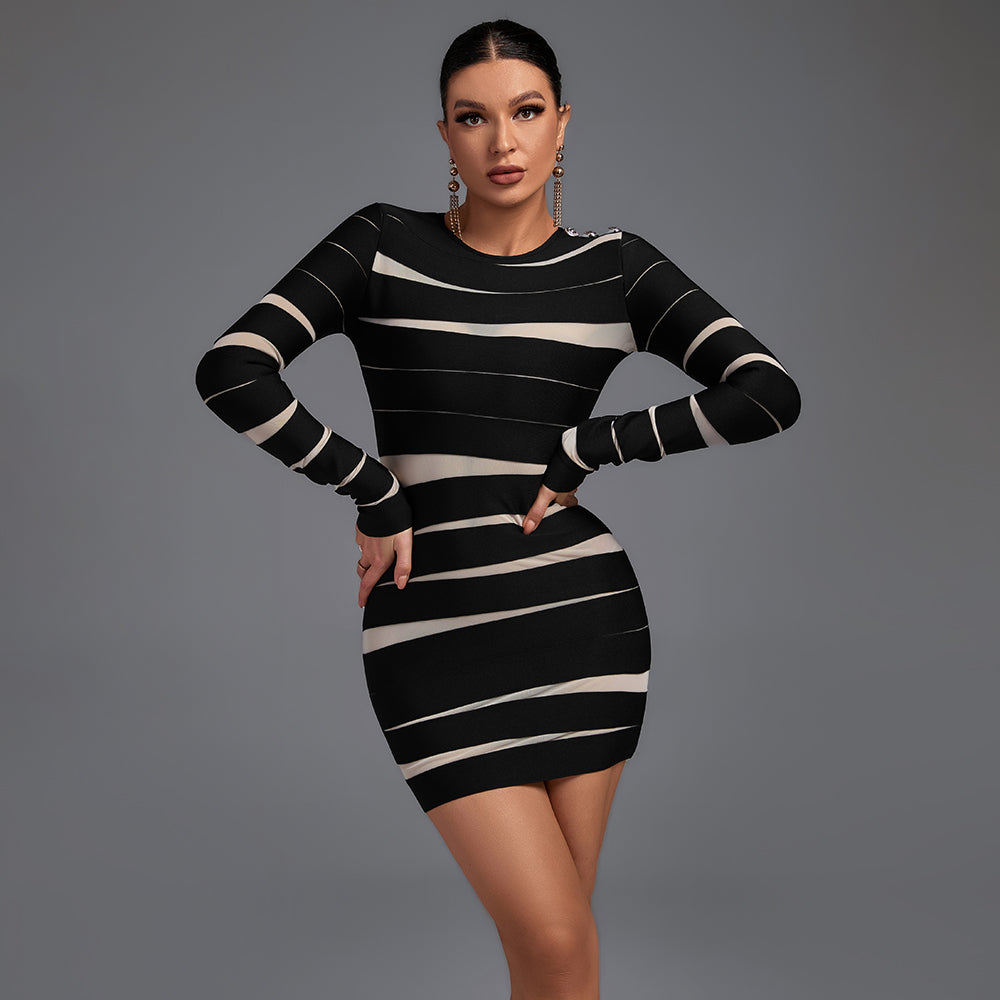 Round Neck Long Sleeve Mesh Mini Bandage Dress HB7132