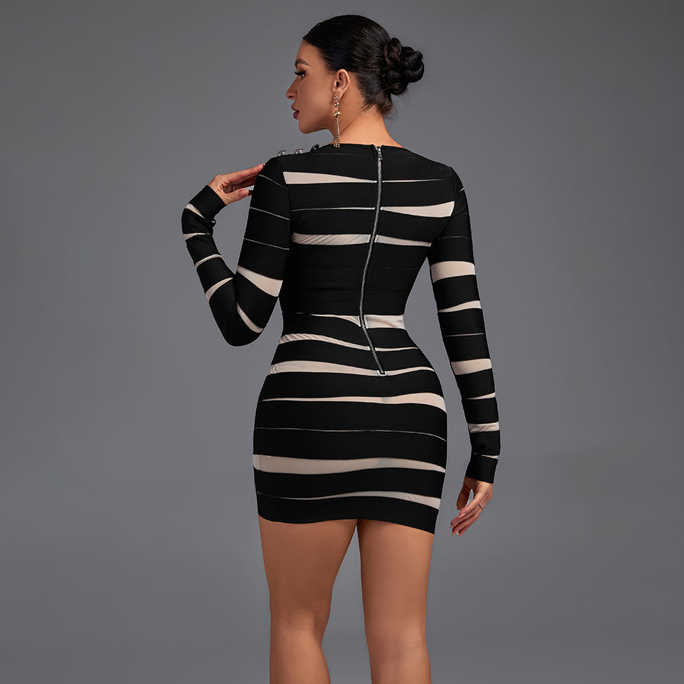 Round Neck Long Sleeve Mesh Mini Bandage Dress HB7132