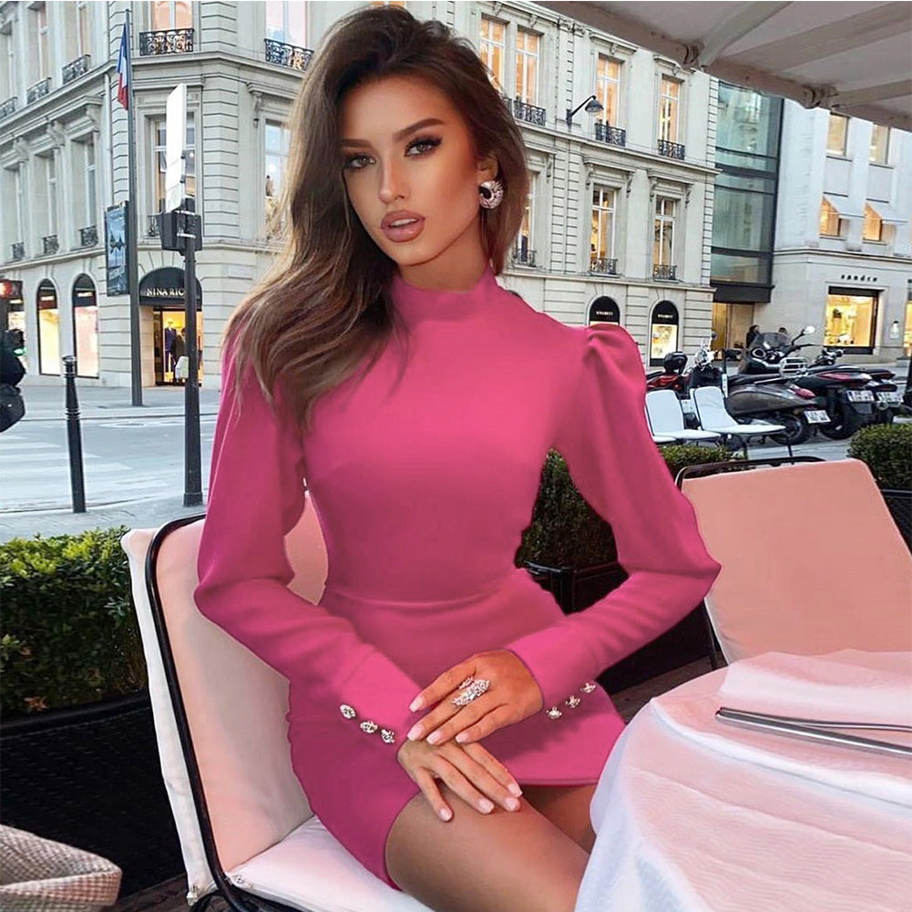 High Neck Long Sleeve Plain Mini Bandage Dress HB7348