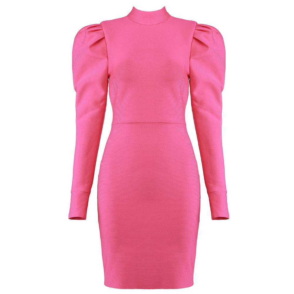 High Neck Long Sleeve Plain Mini Bandage Dress HB7348