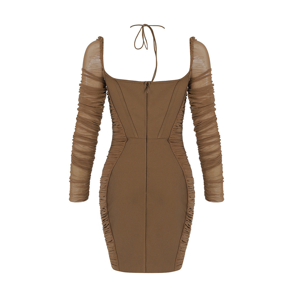 Square Collar Long Sleeve Wrinkled Mini Bandage Dress HB7629