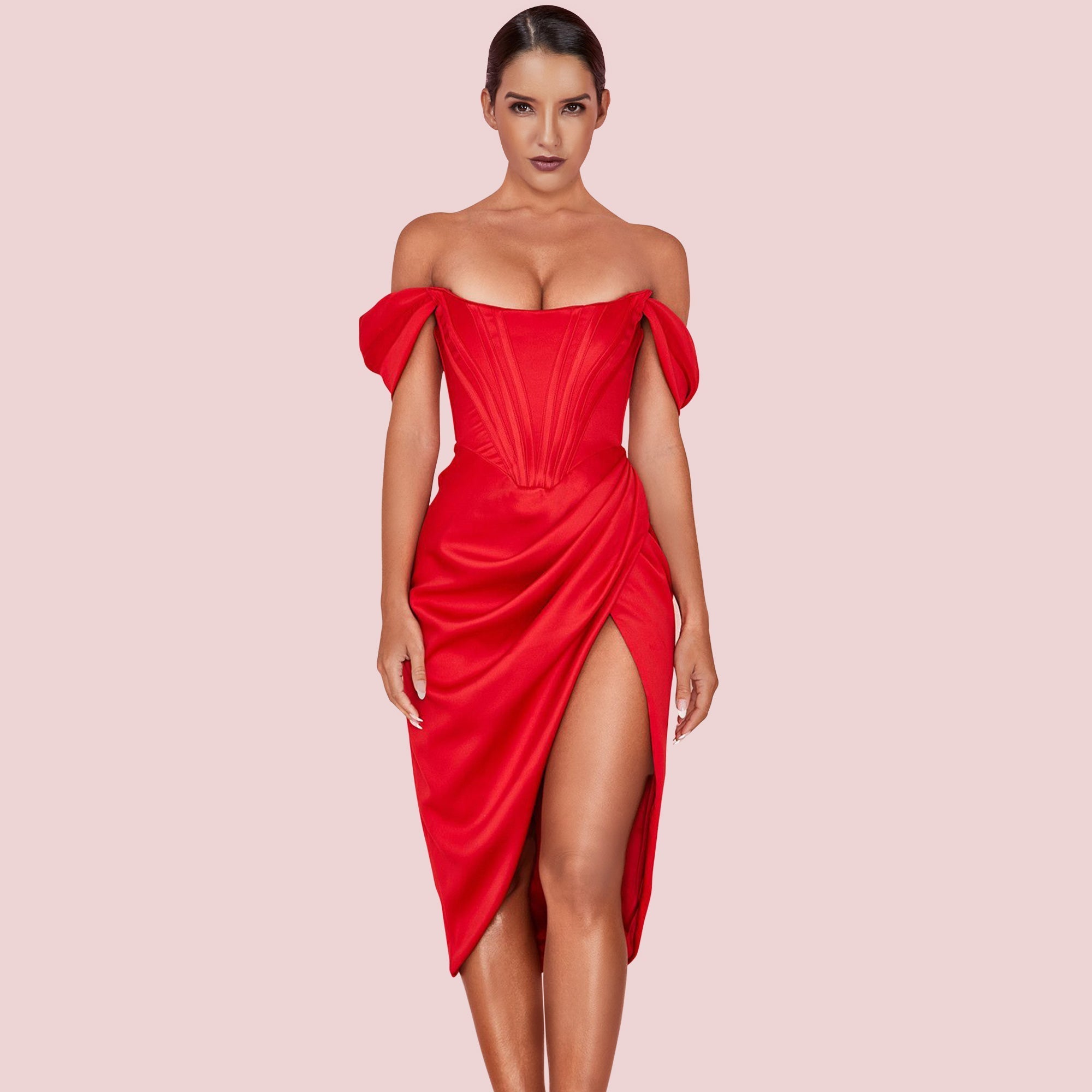 Off Shoulder Short Sleeve Wrinkled Over Knee Bodycon Dress HI1116