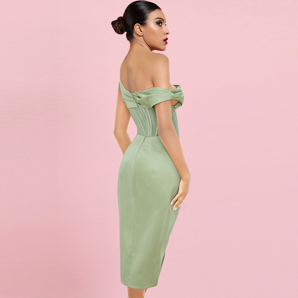 One Shoulder Short Sleeve Asymmetrical Midi Bodycon Dress HI1209