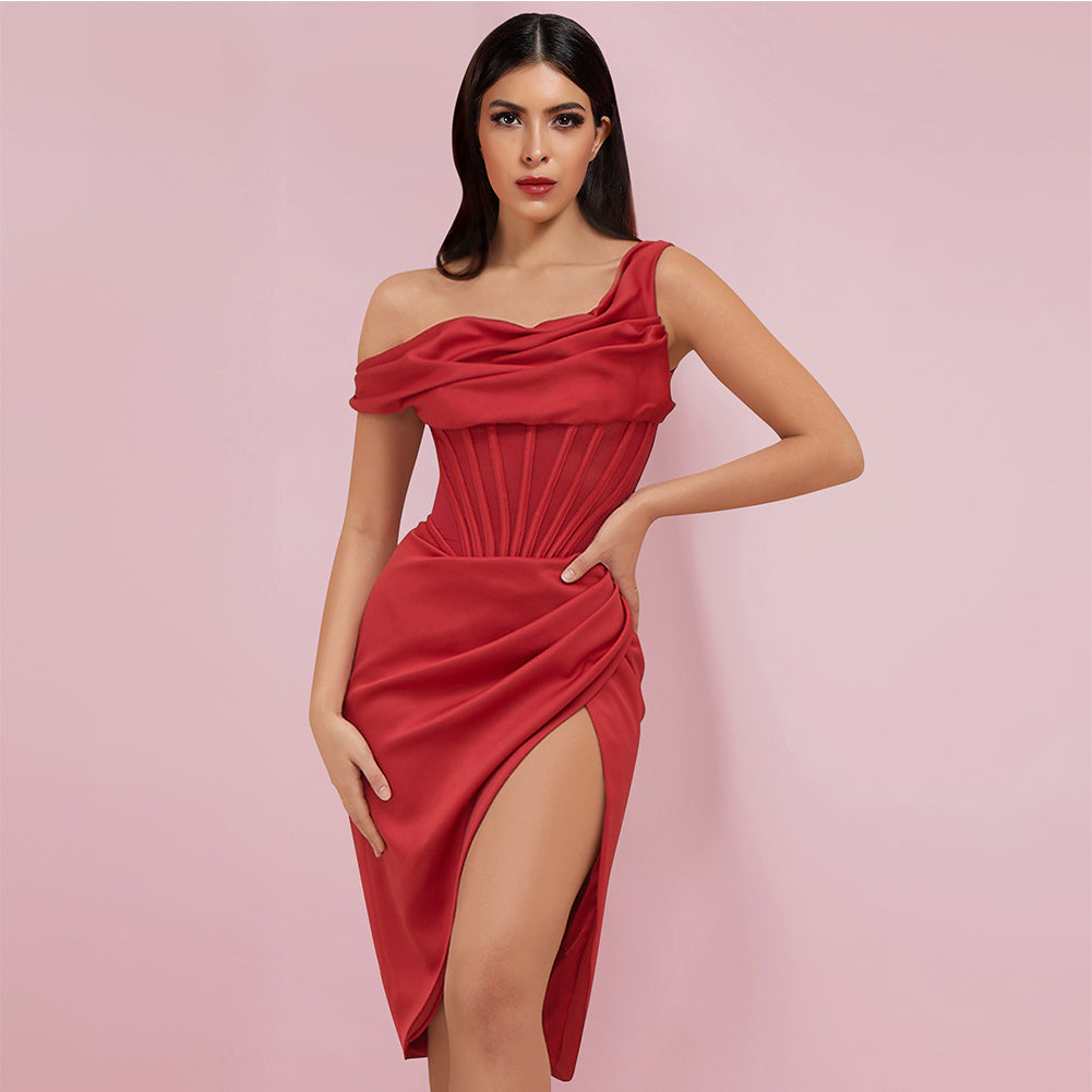 One Shoulder Short Sleeve Asymmetrical Midi Bodycon Dress HI1209