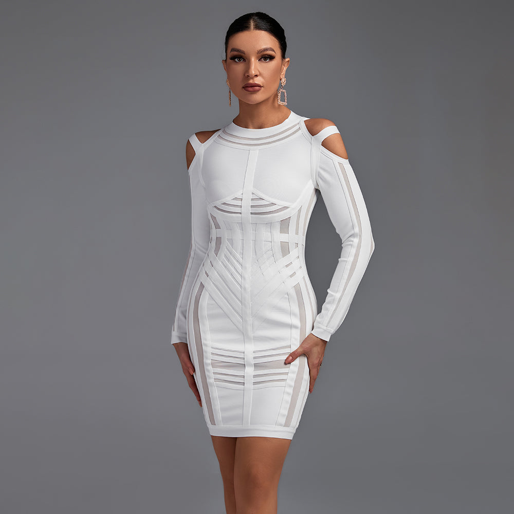 Strappy Long Sleeve Sidestripe Over Knee Bandage Dress HK012