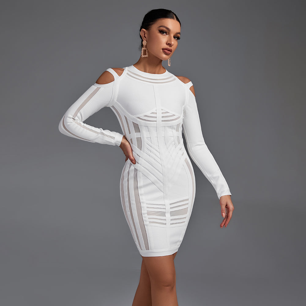 Strappy Long Sleeve Sidestripe Over Knee Bandage Dress HK012