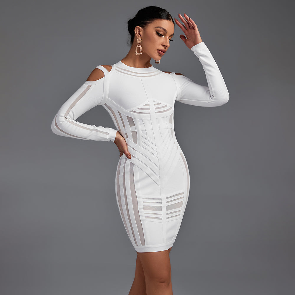 Strappy Long Sleeve Sidestripe Over Knee Bandage Dress HK012