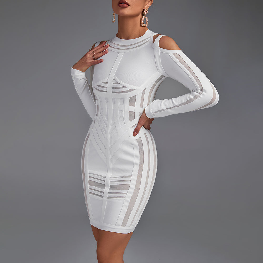 Strappy Long Sleeve Sidestripe Over Knee Bandage Dress HK012