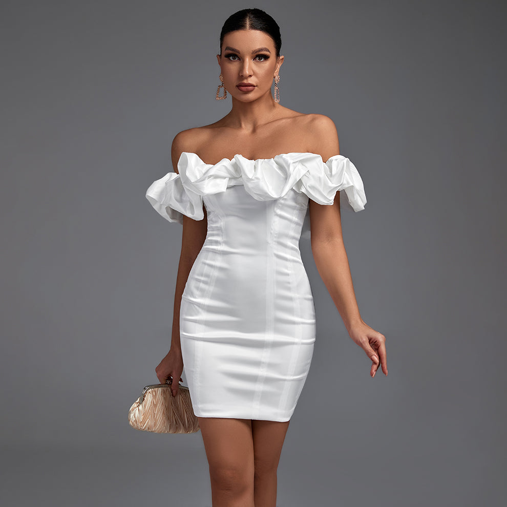 Off Shoulder Short Sleeve Frill Mini Bodycon Dress HL8218